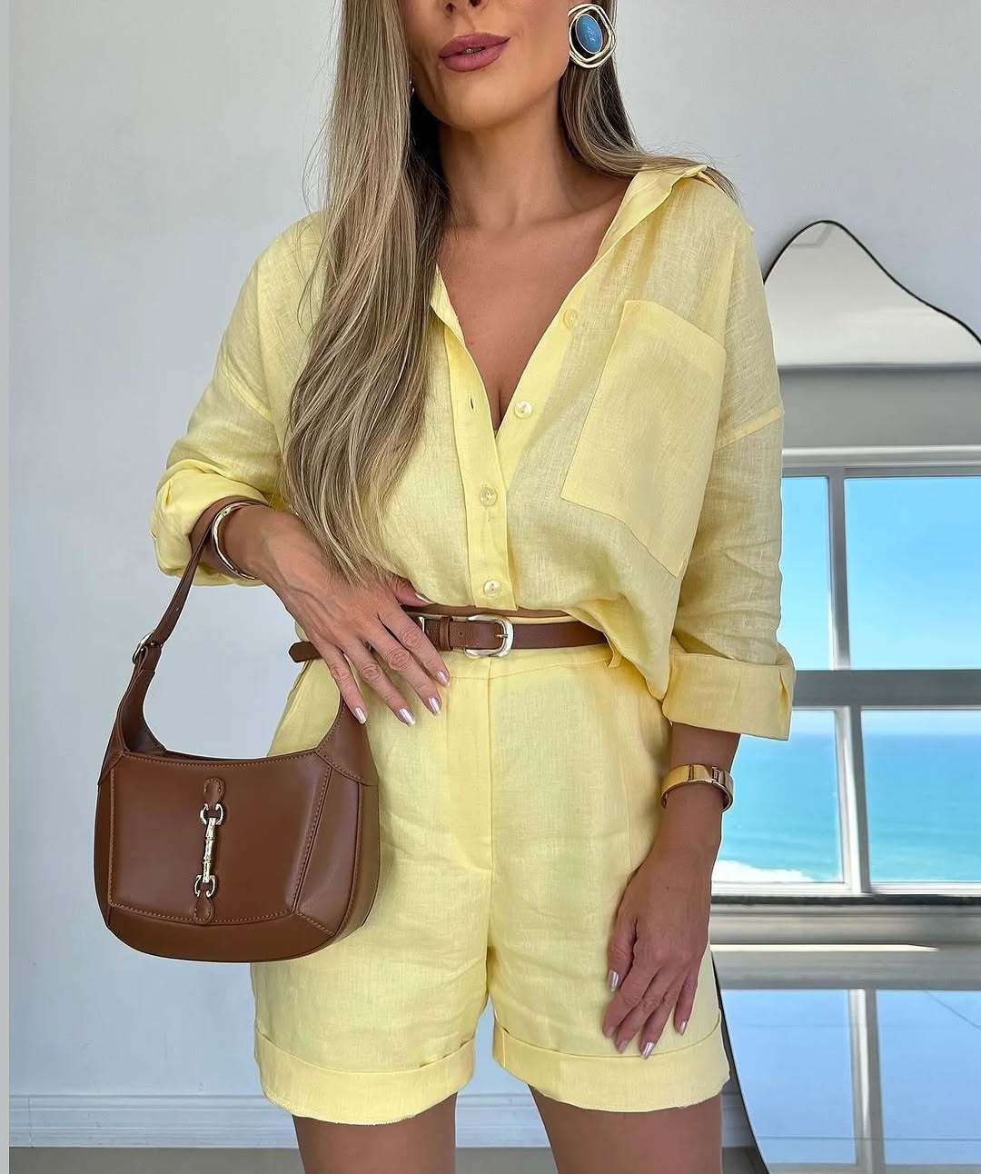 Casual Long-Sleeve Shirt And Shorts Womens Set 