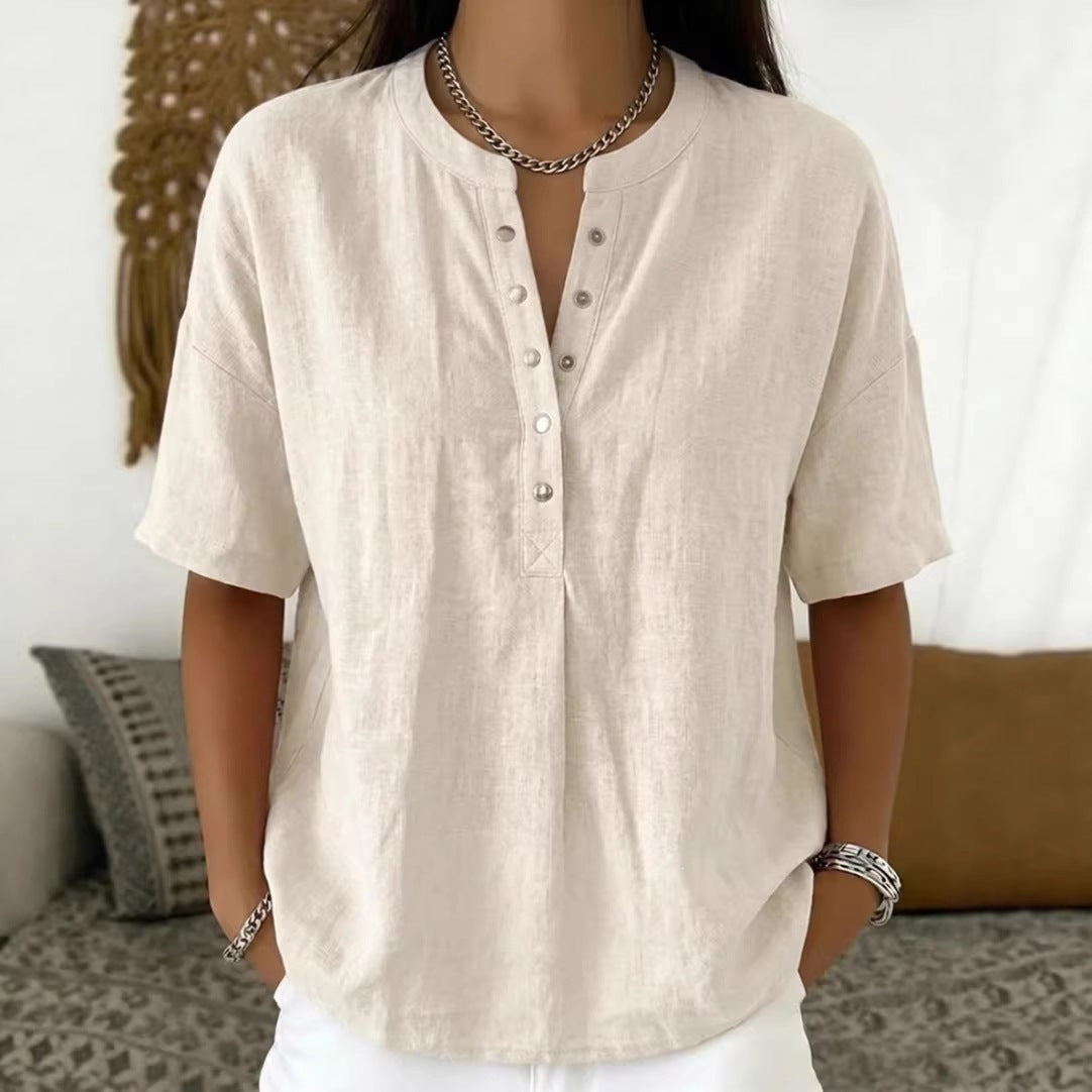 Solid Color Casual Pullover Short-Sleeve Shirt For Women 