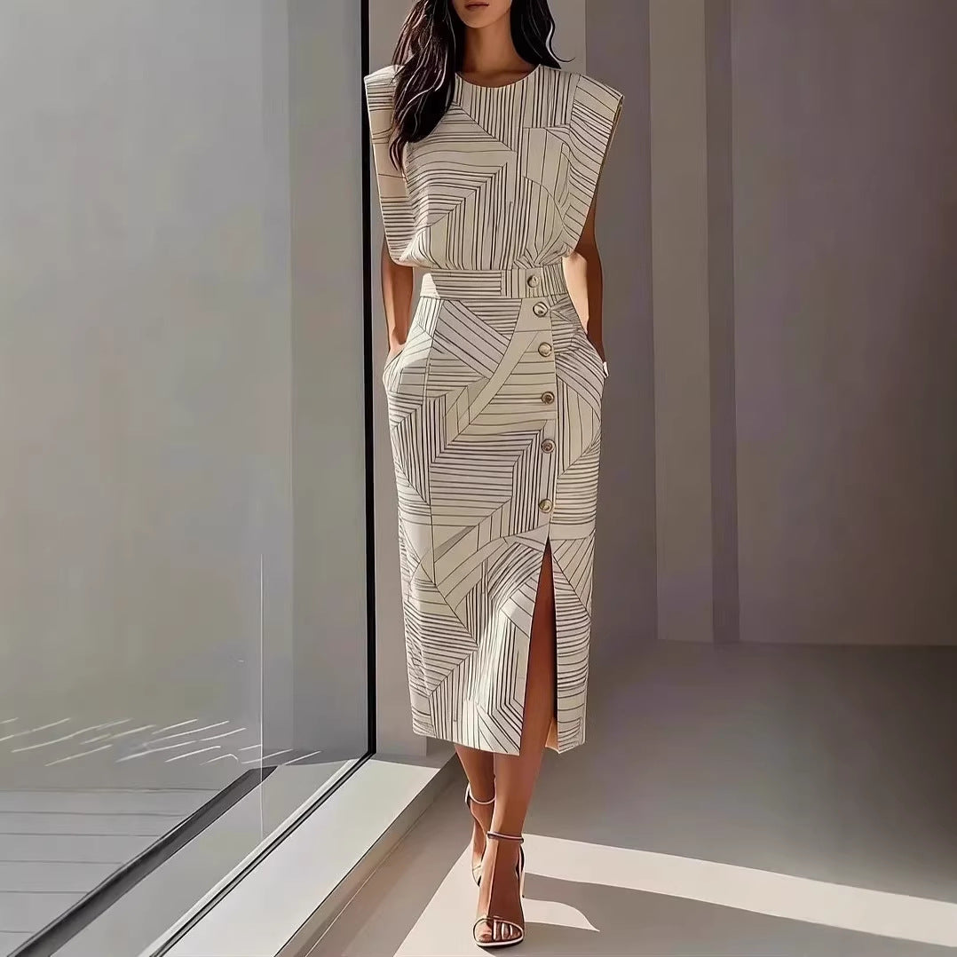 Fashion ampPrinted Sleeveless Top with Slit Long Dress Set 