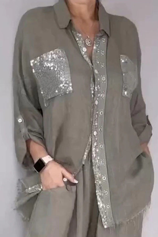 New Fashion Casual Women's Set with Pocket Placket and Gold Embellished Round Neck Design 