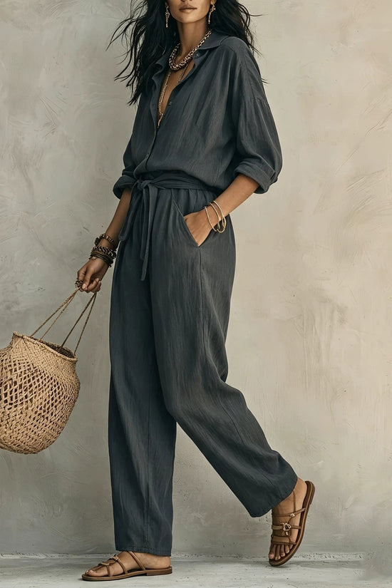 2-piece set fashion casual button-up collar shirt with loose pants and belt 