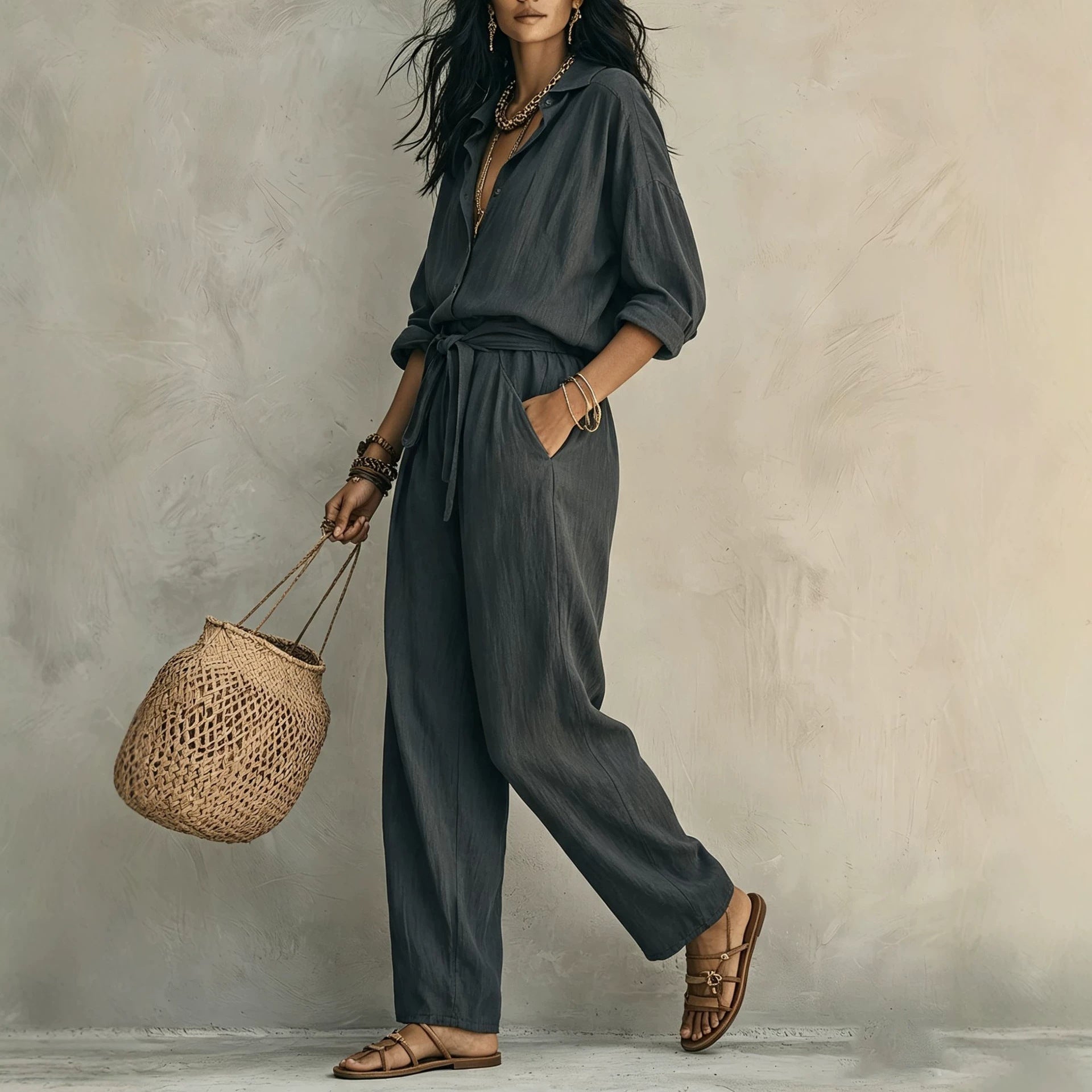 2-piece set fashion casual button-up collar shirt with loose pants and belt 