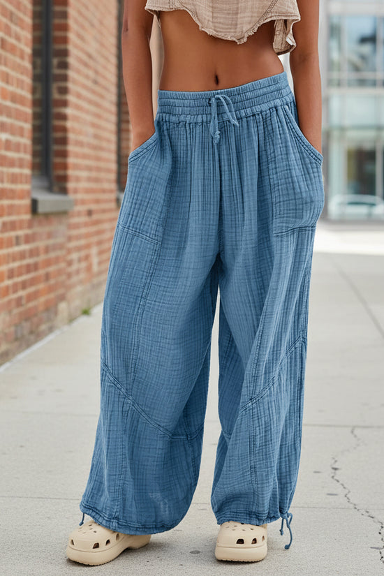 Fashionable Solid-Colored Wide-Leg Pants With Ties And Pockets Long Pants 