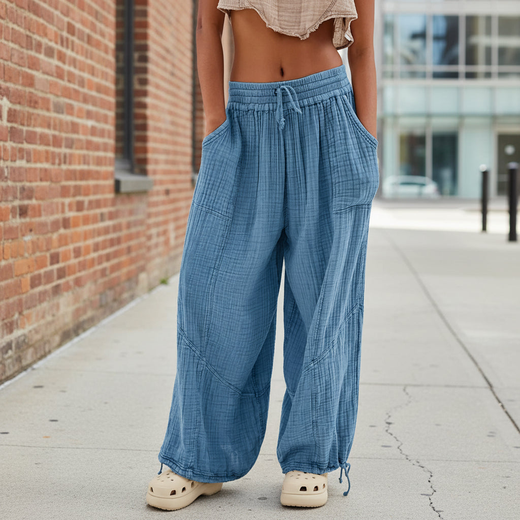 Fashionable Solid-Colored Wide-Leg Pants With Ties And Pockets Long Pants 