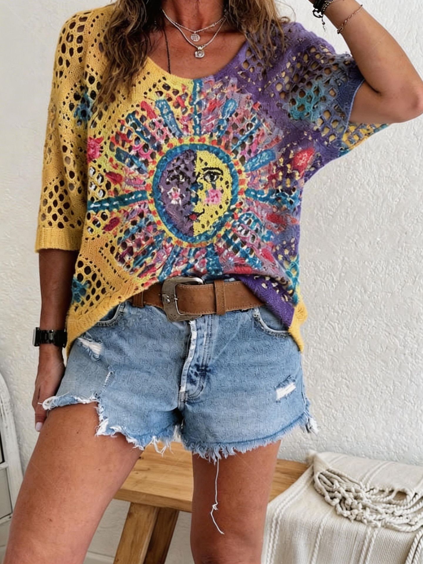 Womens Hollowed-Out Batwing-Sleeve Sweater With 3D Knitted Print 