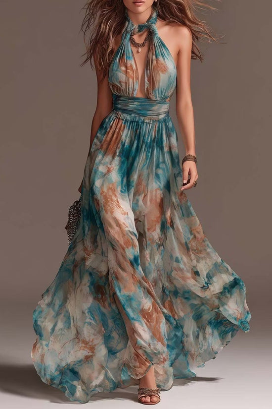 Hang Neck Backless Ink Print Vacation Style Casual Long Dress 