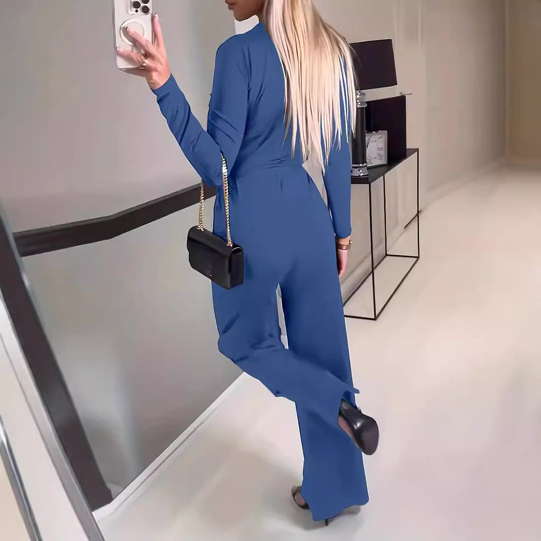Ladies' Fashionable Slim Fit Sexy V-neck Long Sleeved Slimming Jumpsuit 