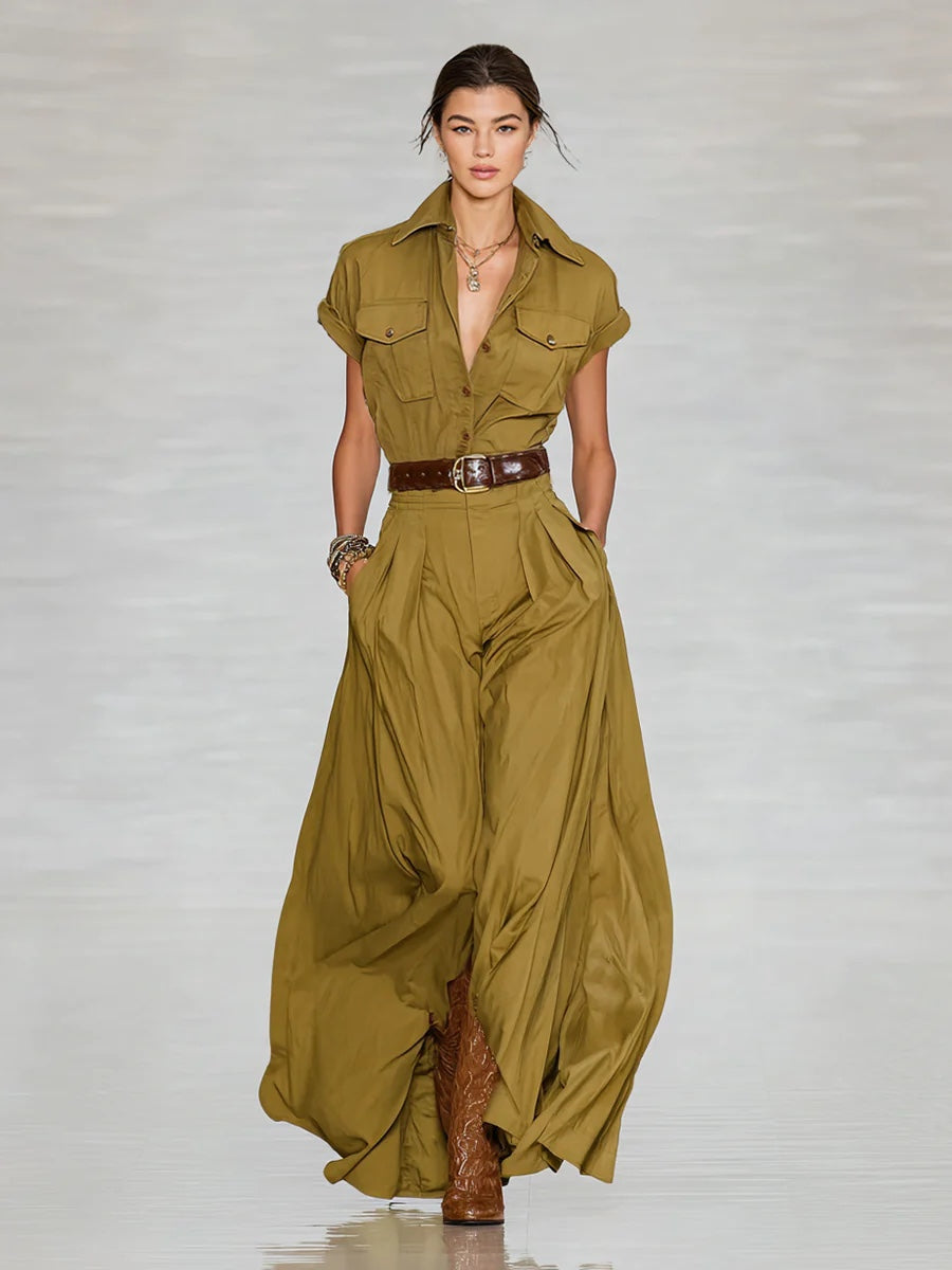 Short-sleeve Shirt-style Long Dress With Pockets 