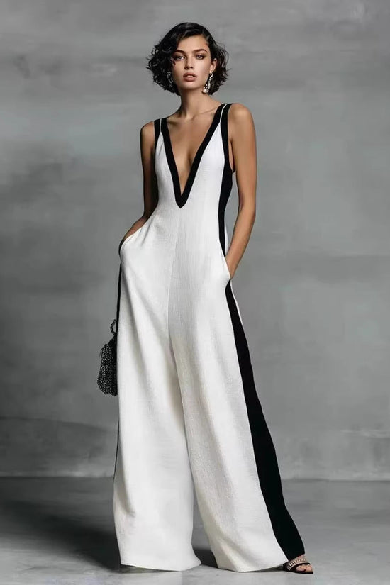 Sleeveless Womens V-Neck Contrasting Color Wide-Leg Jumpsuit 