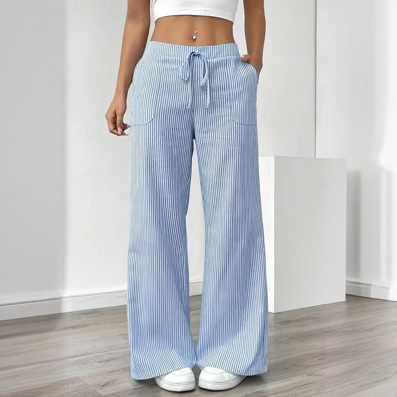 Women's Striped Print Straight Wide Leg Pockets Pants Casual Long Pants CJ US