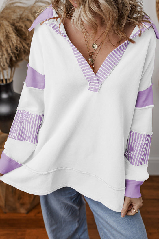 Casual Versatile Deep V-Neck Long Sleeve Loose Sweatshirt Top with Stripe Color Block Design 