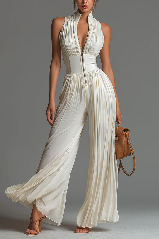 White Pleated Strap Neck Jumpsuit for Women, Long Wide Leg Fashion Sexy Folded Design 