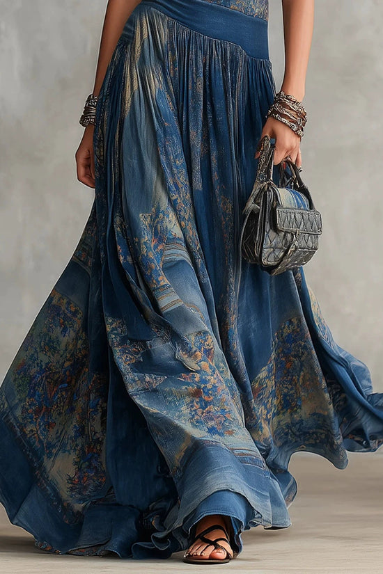 Printed sleeveless vest dress with elegant large swing round neck skirt 