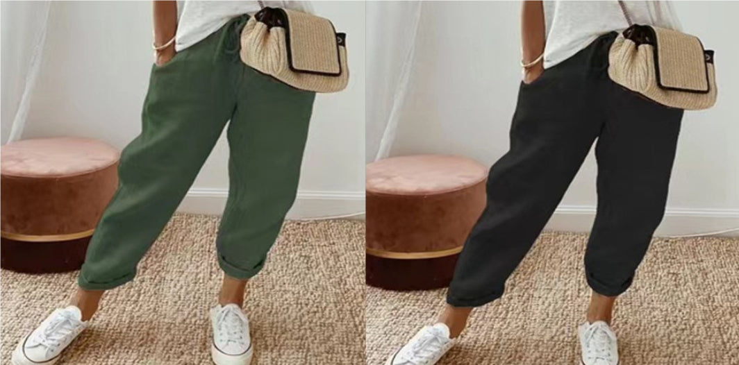 Women's Fashion Cotton Linen Solid Color Casual Pants 