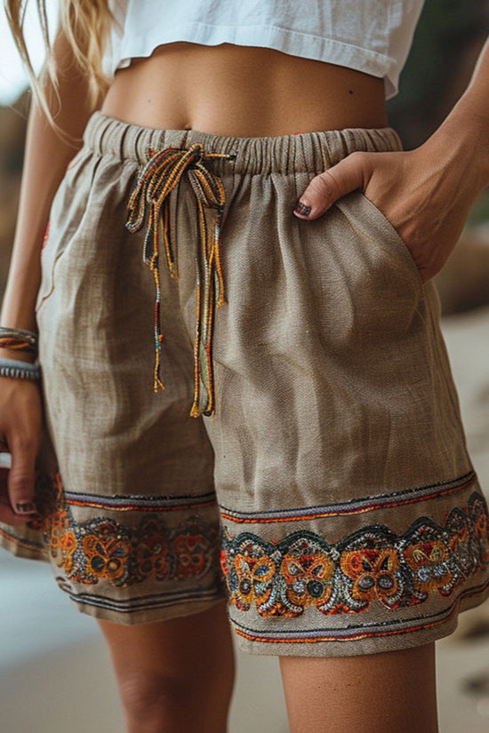 Retro Ethnic-style Casual Drawstring Loose Shorts Pull 