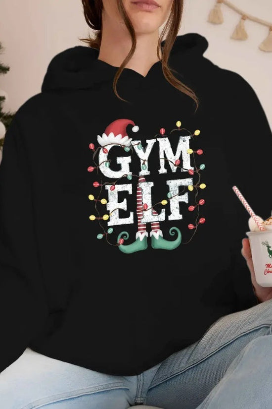 Christmas Gym Elf Graphic Hoodie For Women,  Casual Style With Pocket, Non-Stretch Fall Winter Hooded Sweatshirt CJ US