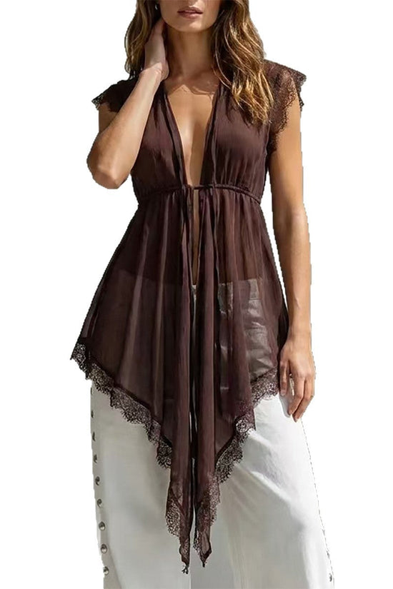 Lace patchwork lace up waist cinching see through top 
