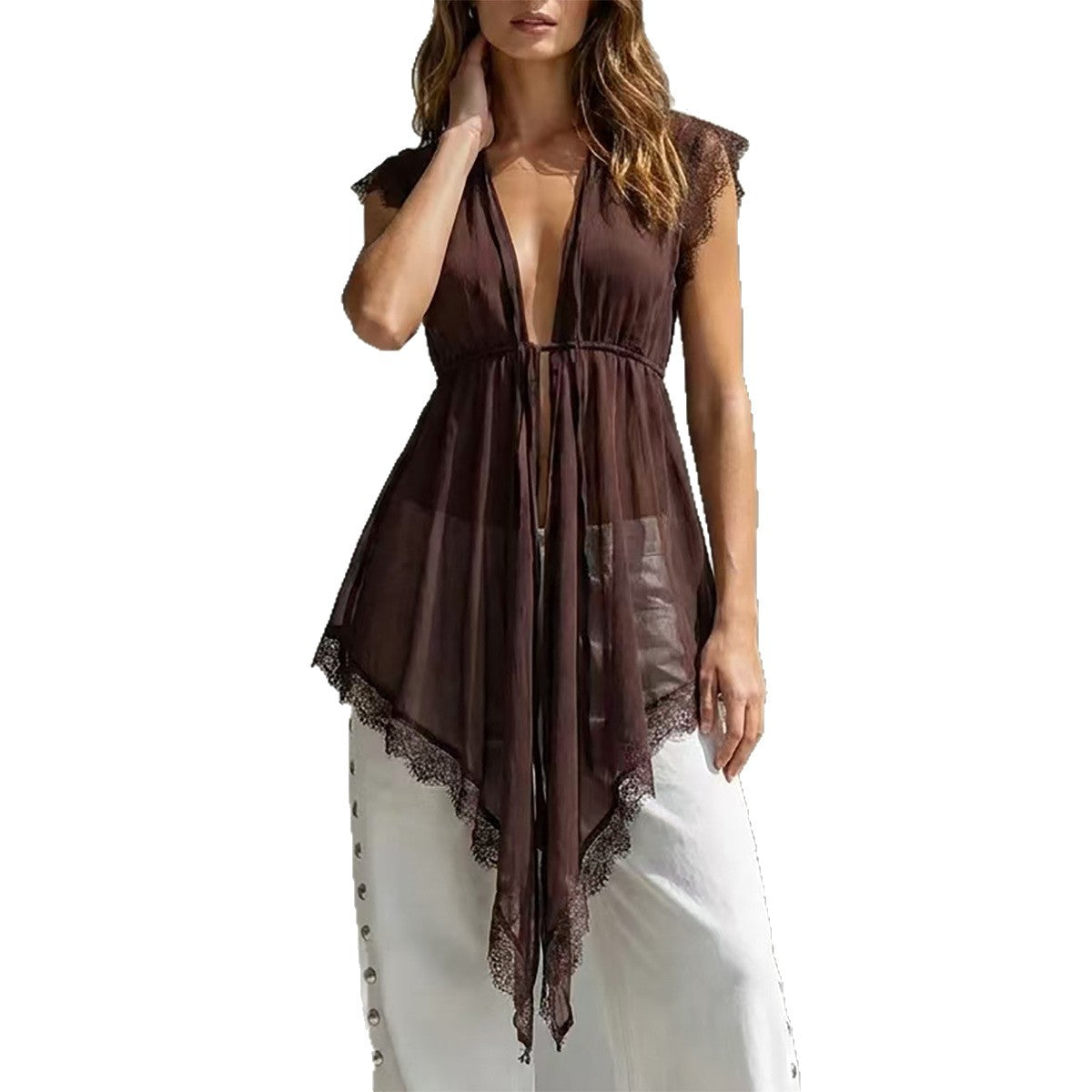 Lace patchwork lace up waist cinching see through top 