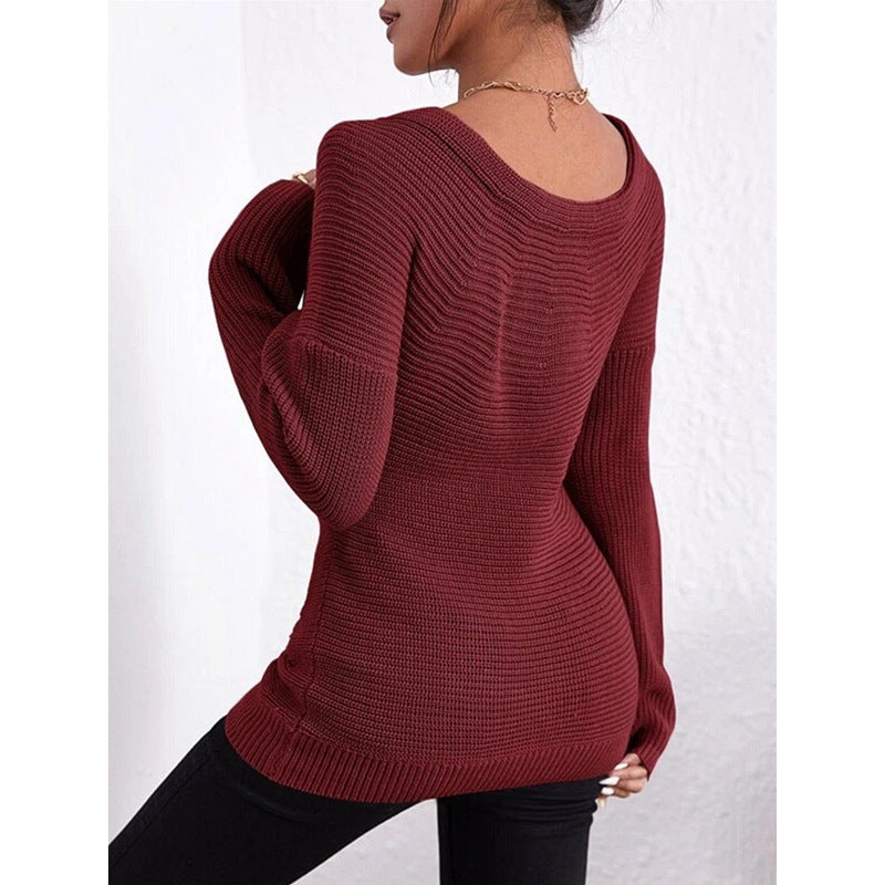Crew-neck Off-shoulder Casual Cross-over Fitted Knit Sweater 