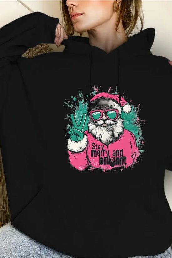 Christmas Santa Claus Print Drawstring Hooded Sweatshirt, Long Sleeves Kangaroo Pocket Casual Hoodie, Women's Clothing CJ US