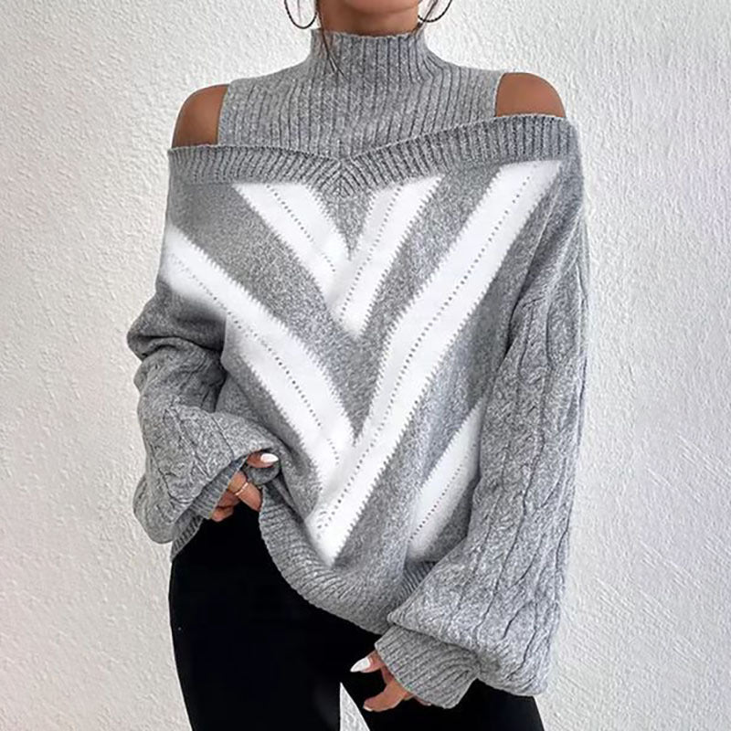 Women’s Elegant Off-Shoulder Turtleneck Sweater — Long Sleeve Knit Top 