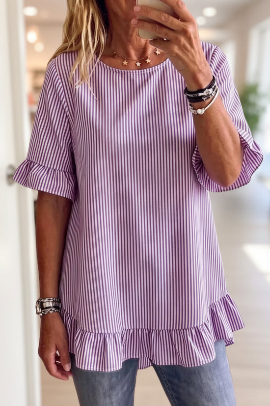 Womens Striped Loose-fit Casual Ruffled-edge Blouse 