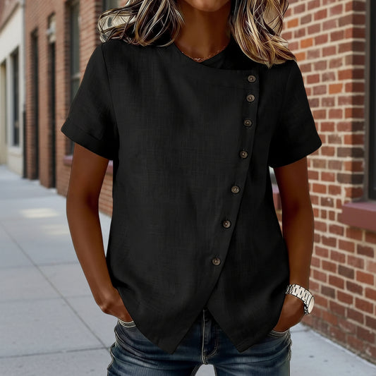 New Solid-Color Cross-Neckline Short-Sleeve Loose Cotton-Linen Asymmetrical Top 