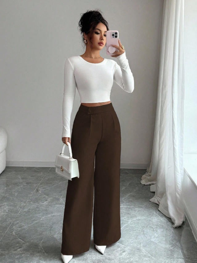 Womens Solid-color Casual All-match Long Pants With A Waist Panel Seam 