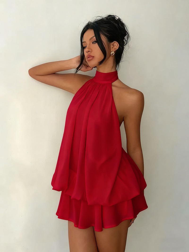 Women's vacation fitted sexy backless halter neck tie-waist dress with puffy short skirt 