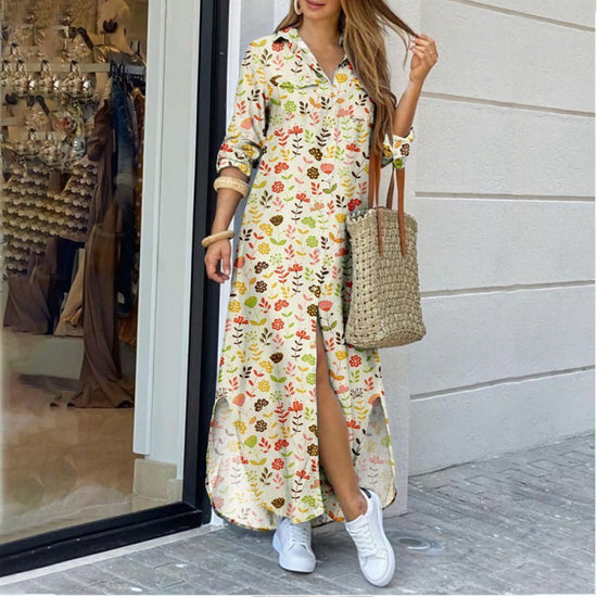 Lapel-collar Long Shirt Dress For Women 