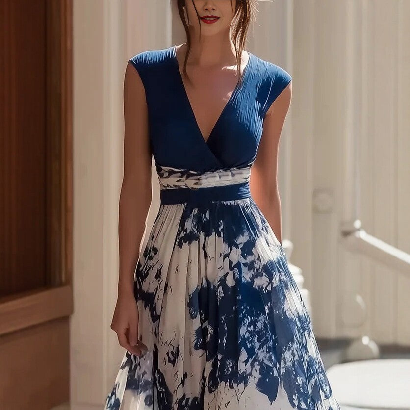 Elegant Long Sleeveless V-Neck Blue and White Porcelain Print Dress Summer Formal Dress 