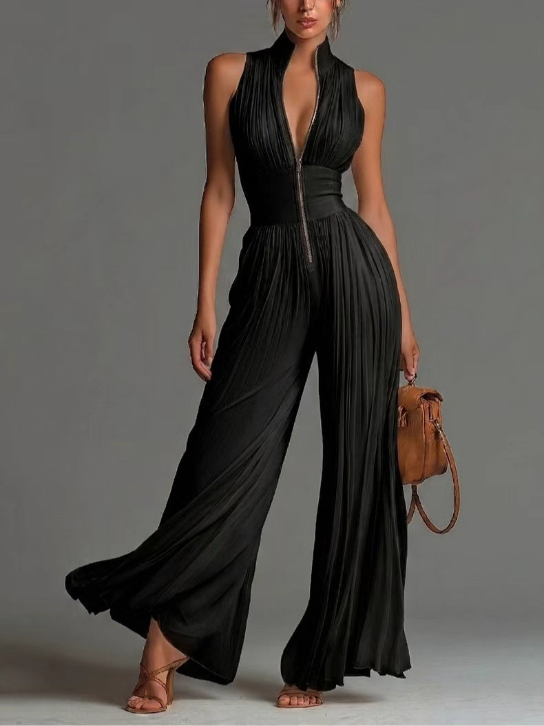 White Pleated Strap Neck Jumpsuit for Women, Long Wide Leg Fashion Sexy Folded Design 