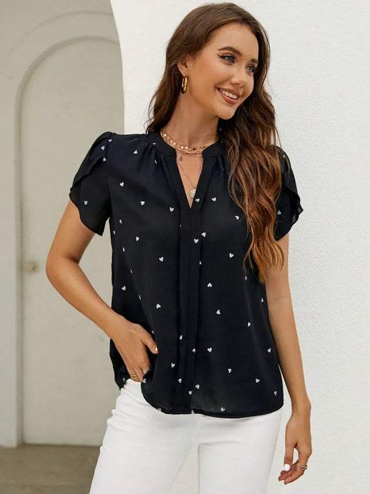 V-neck heart-shaped petal sleeve shirt with elegant women's top 