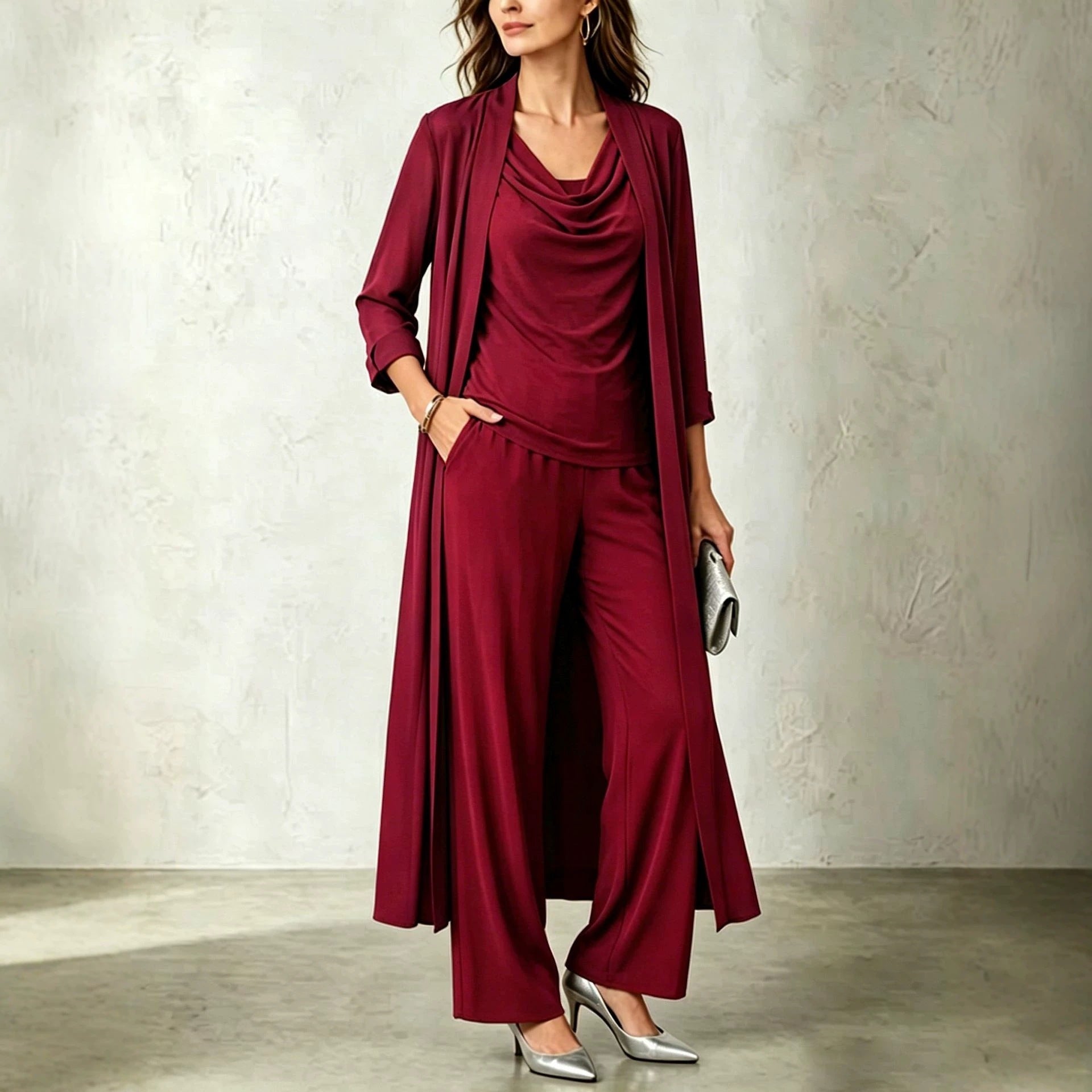 Long sleeved swing collar top long cardigan jacket long pants three piece set 