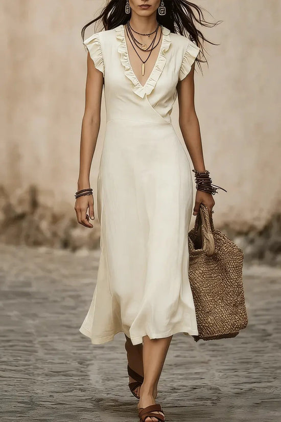 V-neck Cotton-Linen Flutter Sleeve Ruffle-trimmed Midi Dress For Women 