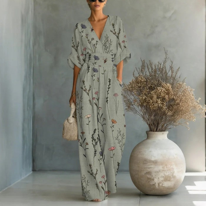 Waist-cinched V-neck Printed Womens Jumpsuit 