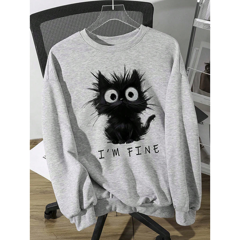 Women's Cute Kitten Graphic Sweatshirt, Fluffy Cat Letter Print Hoodie, Long Sleeve Crewneck Pullover Top CJ US