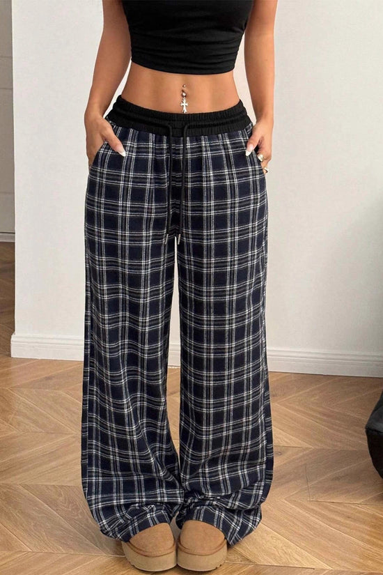 Loose Lazy Style Straight Leg Plaid Patchwork High Waist Drape Casual Sweatpants 
