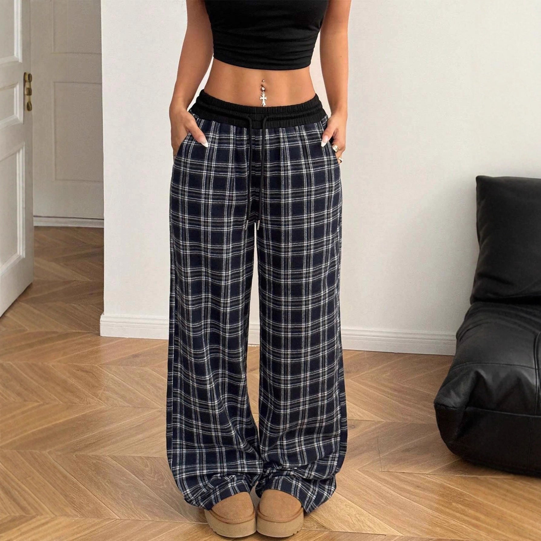 Loose Lazy Style Straight Leg Plaid Patchwork High Waist Drape Casual Sweatpants 