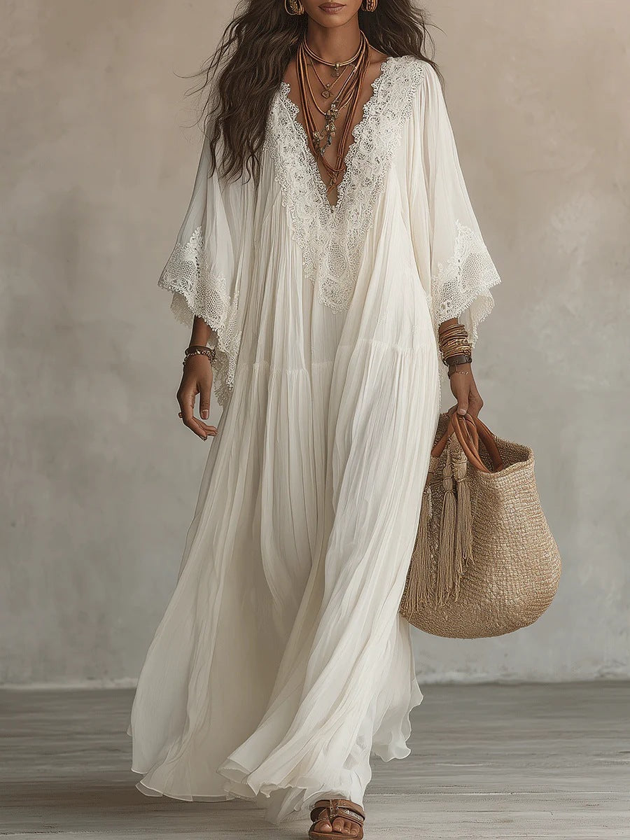 Lace patchwork V-neck long vacation beach dress 
