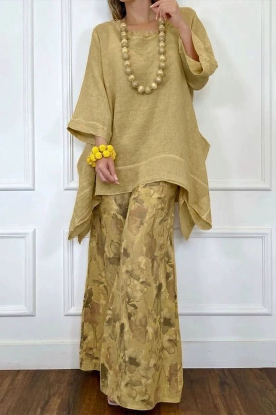 Womens Casual Cotton-Linen Irregular Top And Wide-Leg Pants Set 