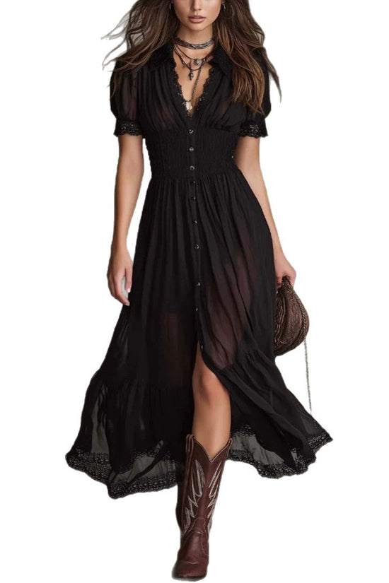 Cropped V-Neck Shirt Dress with Ruffled Hem and Side Slit, Dark Chic Style, Body-Con Fit, Long Skirt 