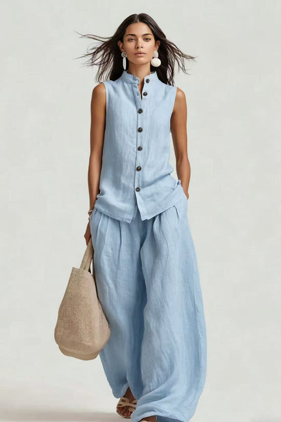 Stand-up Collar Sleeveless Shirt And High-waisted Wide-leg Pants Set 