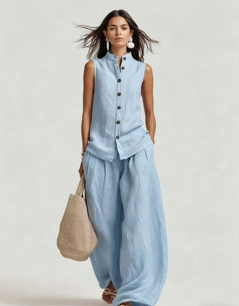Stand-up Collar Sleeveless Shirt And High-waisted Wide-leg Pants Set 