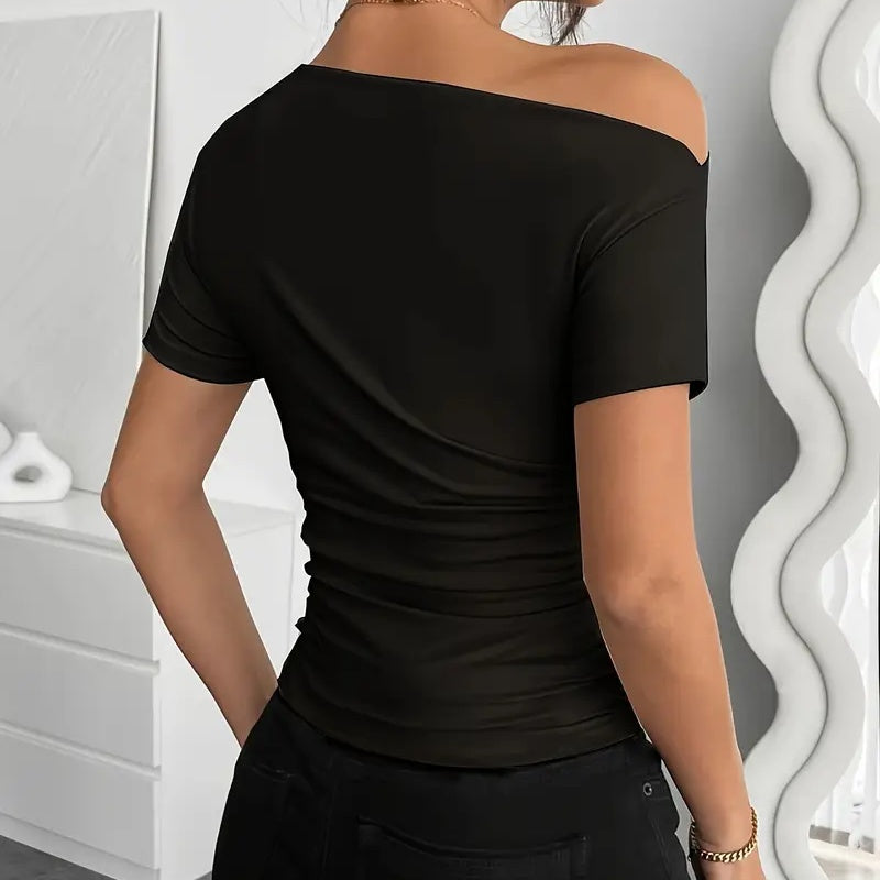 Women's Y2K Ruched One-Shoulder Top - Short Sleeve Slim Fit Summer Shirt 