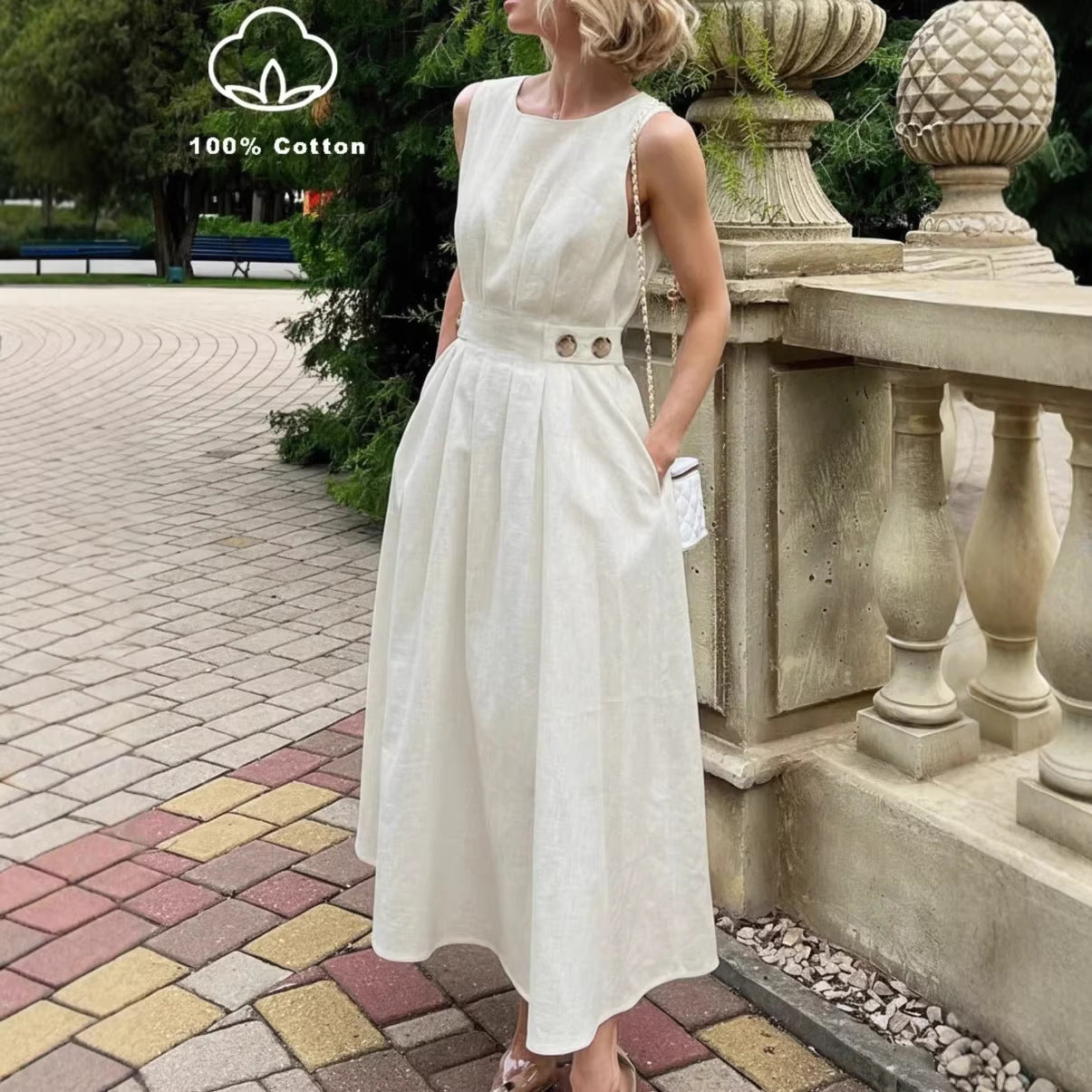 French-style Elegant Casual Minimalist Sleeveless Crew-neck Dress 