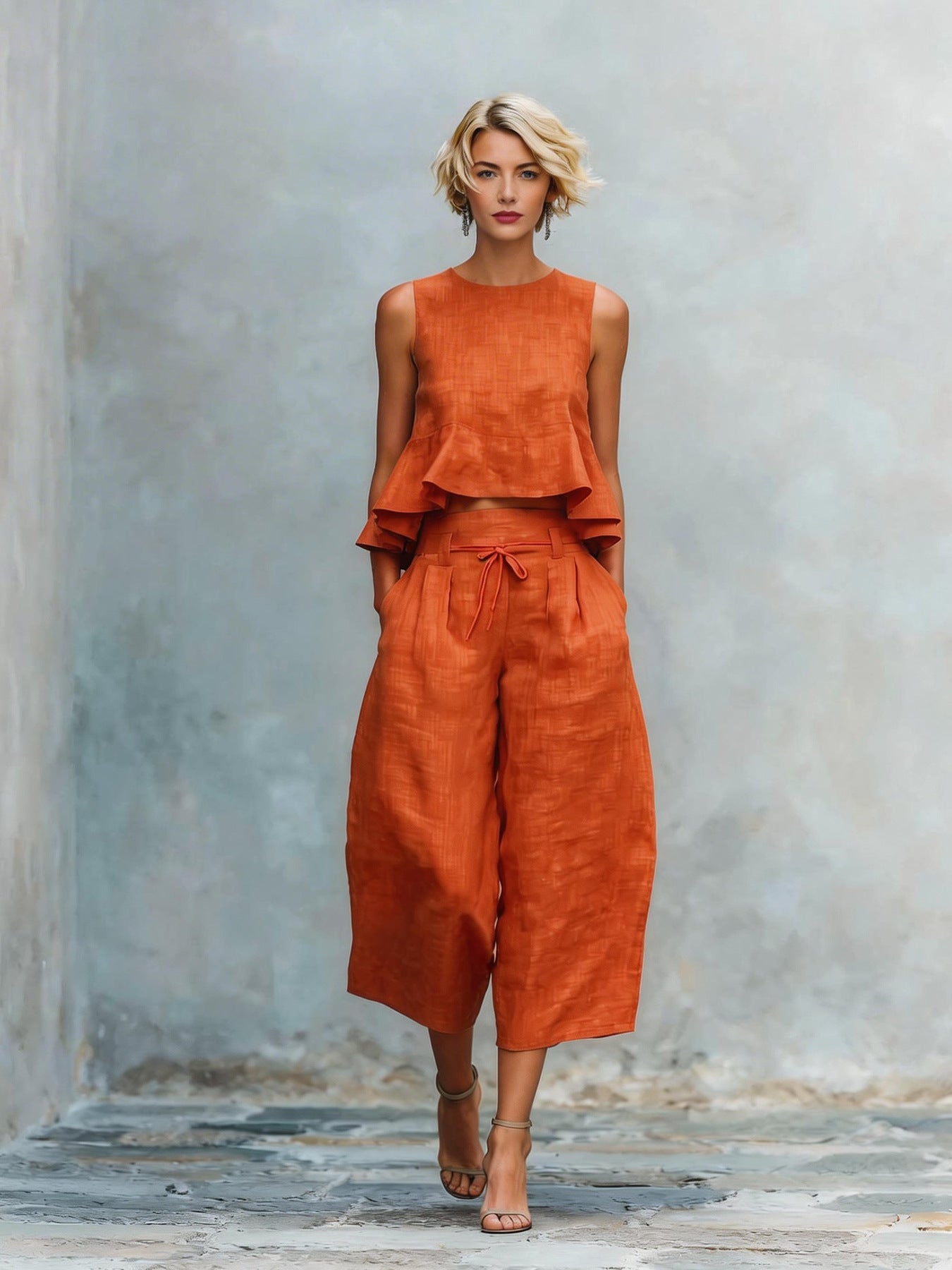 Womens Linen-blend Two-piece Set With Ruffled Detailing 