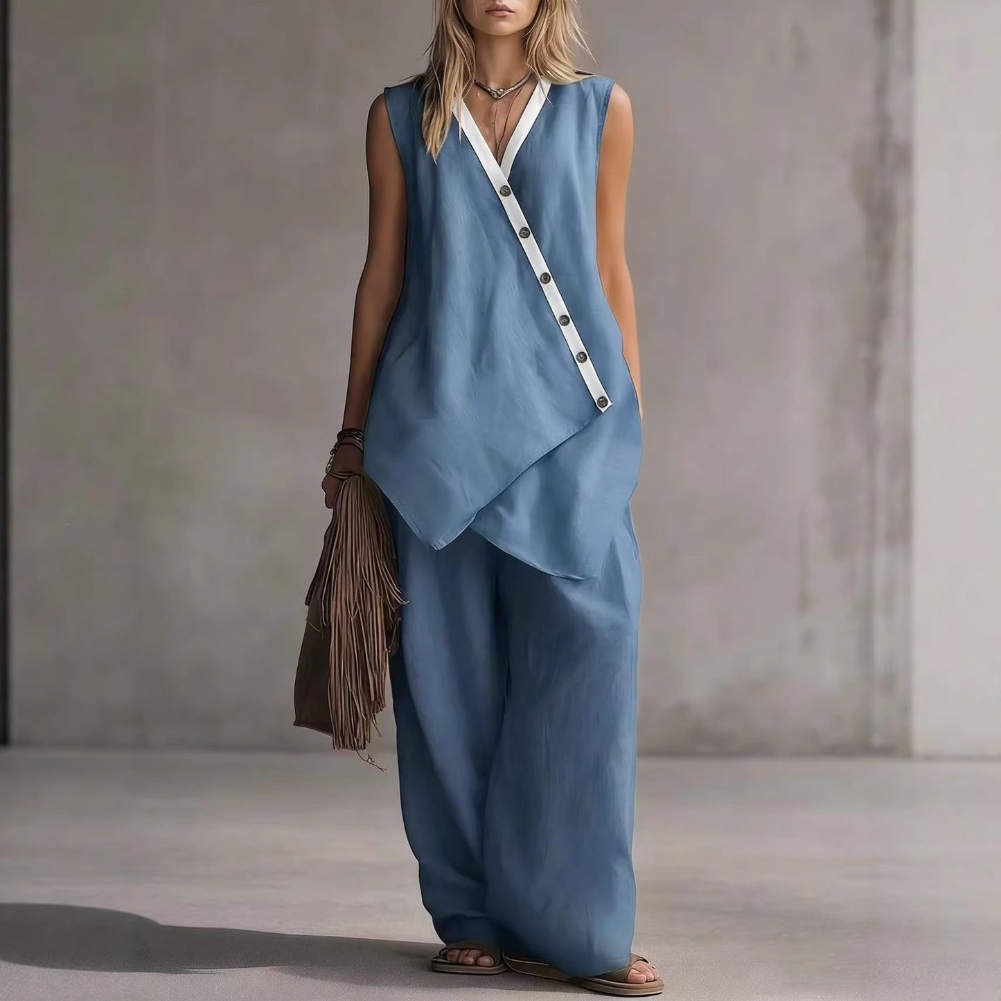 Bohemian Solid-Colored V-Neck Irregular-Button Vest And Wide-Leg Pants Set 
