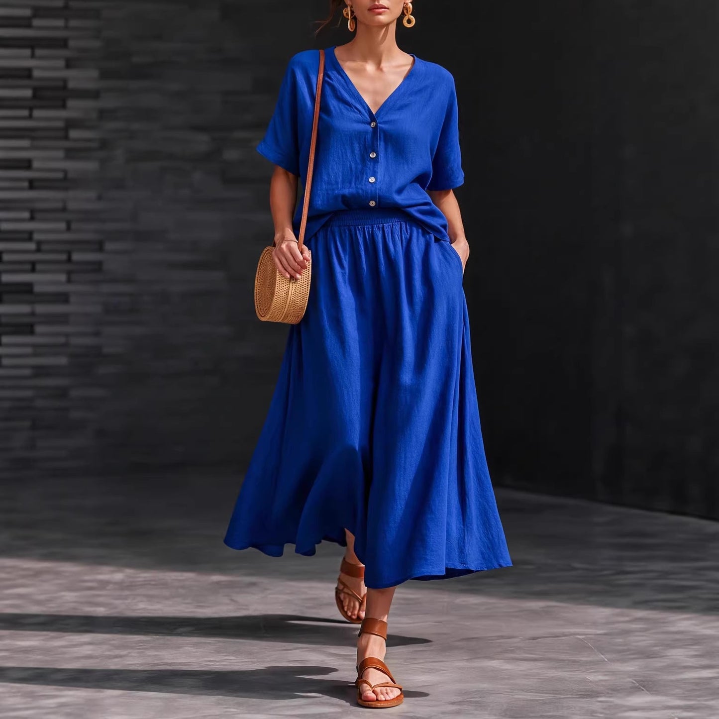 Cotton-linen V-neck Button-up Short-sleeve Top And Skirt Set 