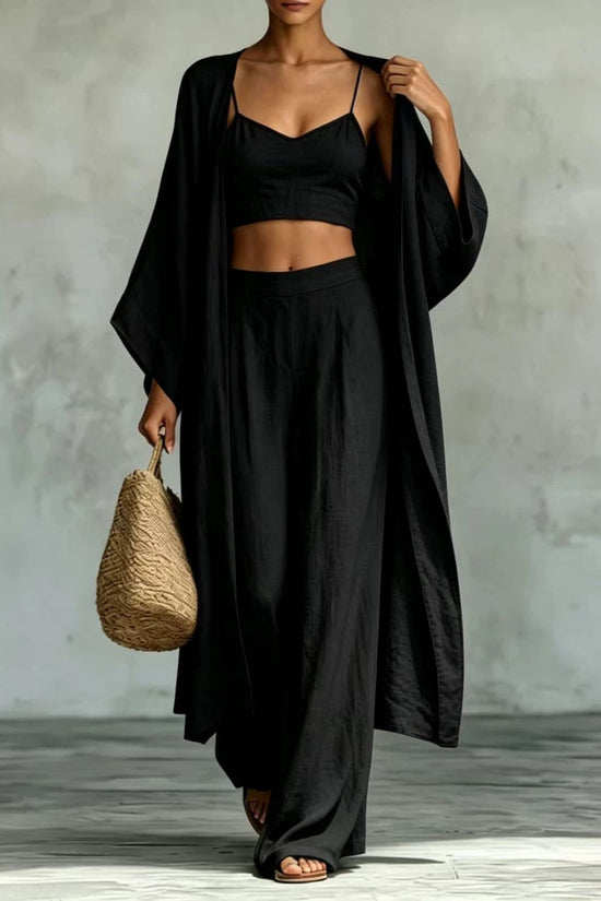 Loose cardigan short strap high waist wide leg pants set 